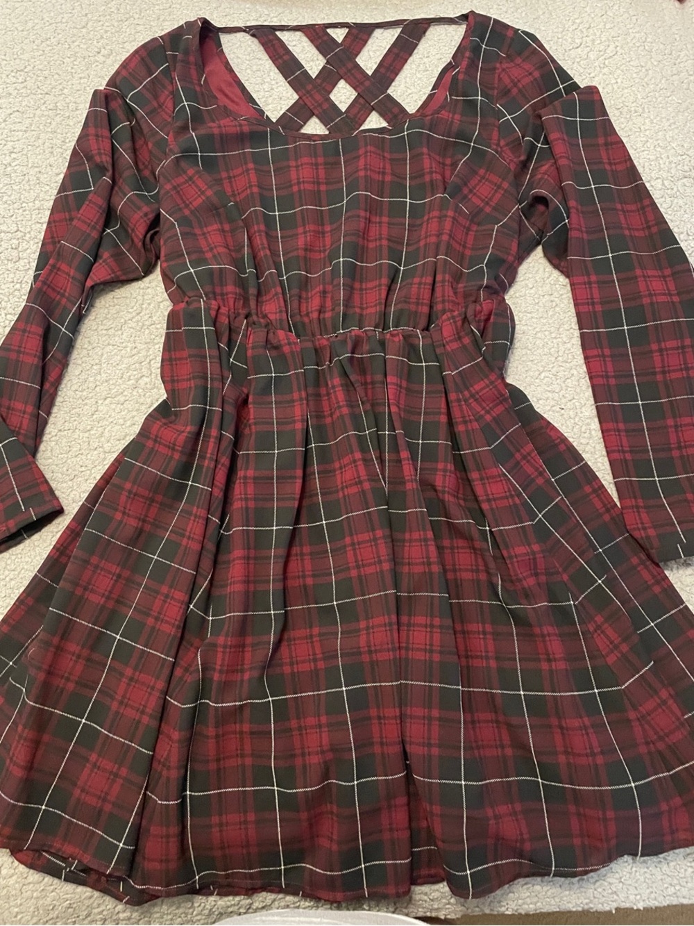 torrid Red Plaid Long-Sleeve Dress with Crisscross Back